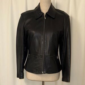 Vintage Banana Republic Women's Classic Peplum Style Black Leather Jacket